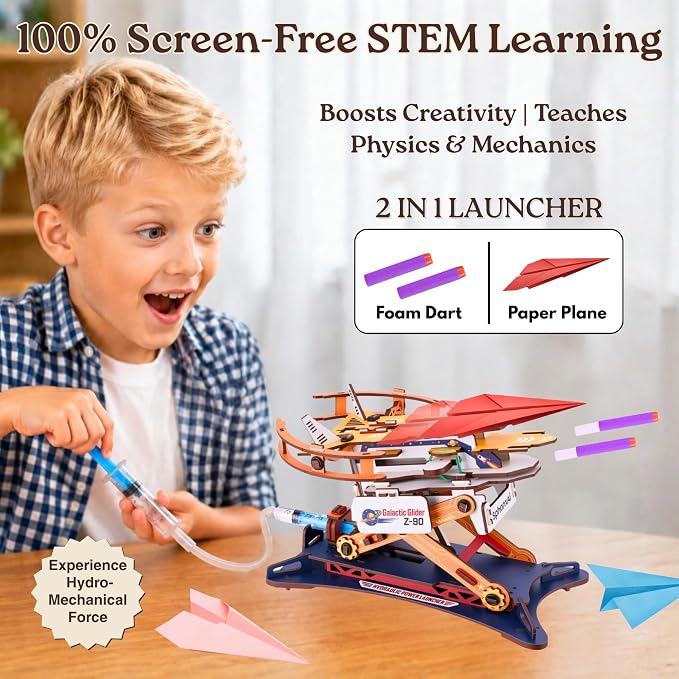 DIY 2in1 Hydraulic Paper Airplanes & Darts Launcher Stem Toys for Kids Ages 8-14, 3D Wooden Puzzle Toy, Vintage Model Kit, Educational Science Kit for Boys & Girls 8,10,12,14 Years Old