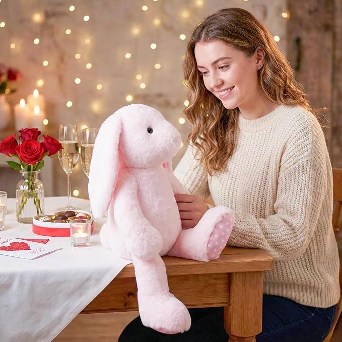 WEIGEDU Pink Rabbit Bunny Stuffed Animal Plush Toy | 17.7“, Floppy Ears, Heart Print, Birthday Nursery Décor, Easter Christmas Bedtime Gift
