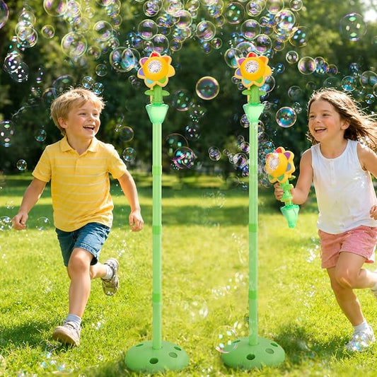 2 pcs Automatic Flower Bubble Machine for Kid,Rechargeable Sun Flower Bubble Maker with Lights for Parties, 28in to 41in Adjustment Height Bubble Machine for Toddlers,Idea for Outdoor Kid Gift