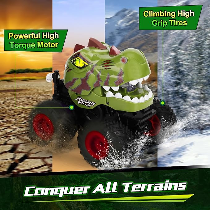 Drefirsa Dinosaur Remote Control Car for Boys 4-7 8-12, 50min+ Runtime RC Car with Spray, LED Light, 360° Rotating & 90° Driving, RC Monster Truck Toy for Kids Birthday
