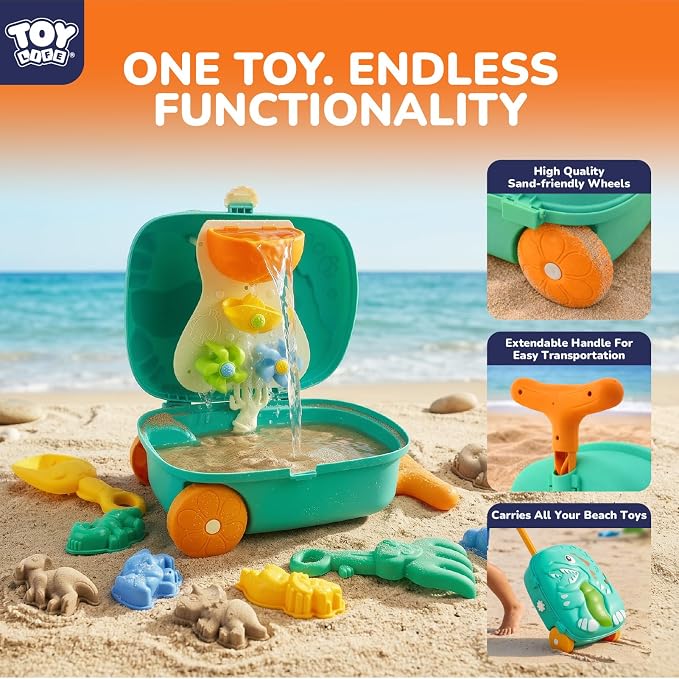 TOY Life Dinosaur Suitcase Travel Sand Toy for Kids Beach Toy with Luggage with Wheels, Water Gear STEM Play Water Table, Shovels, Can, Sand Molds, Sandbox Beach Summer Toys for Toddlers Ages 3-8