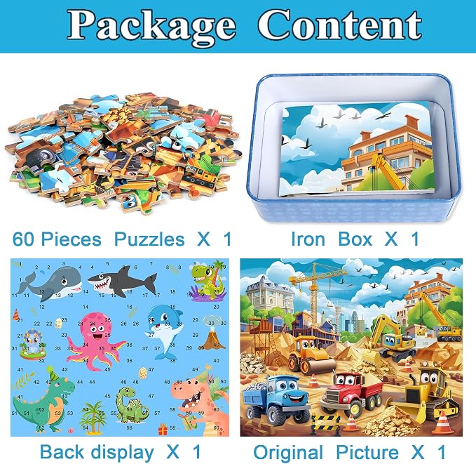 MZZOTOY Construction Vehicles Puzzles for Kids Ages 4-8, 60 Pieces Jigsaw Puzzles for Kids Ages 3-5 Puzzle for Girls and Boys Learning Educational Puzzles Toys in a Metal Box