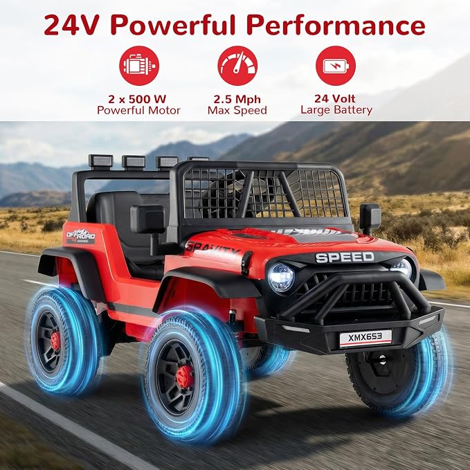 OLAKIDS 24V Ride on Car with Remote Control, Bluetooth, LED Lights, Horn, Spring Suspension, High/Low Speeds, Soft Start for Kids Aged 3+ (Red)