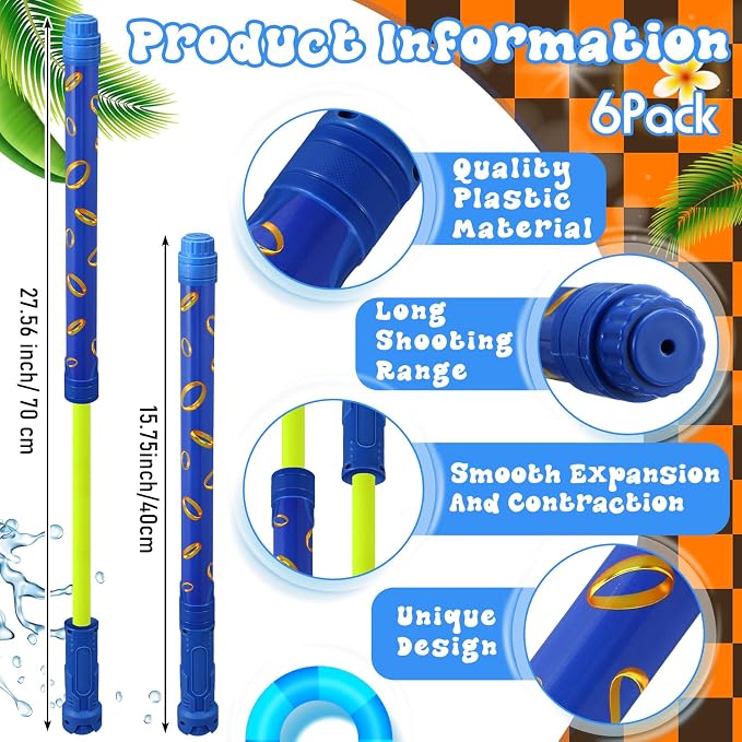 Halloscume 6 Pcs Blue with Gold Rings Water Guns Bulk Party Favors for Kids 15.75" Water Squirters Blaster Shooters for Summer Swimming Pool Beach Cartoon Birthday Gifts Supplies