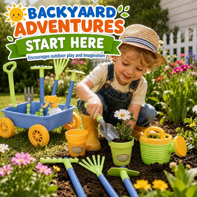 Liberty Imports Pull Along Garden Wagon and Gardening Tools Toy Play Set for Toddlers, Kids with Outdoor Tools, Plant Pots, Accessories