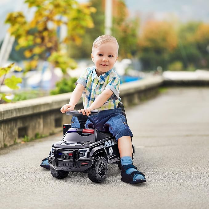 Aosom Kids Push Ride On Car with Working PA System and Horn, Police Truck Style Foot-to-Floor Sliding Car for Boys and Girls with Under-Seat Storage, for 18 Months to 5 Years Old, Black