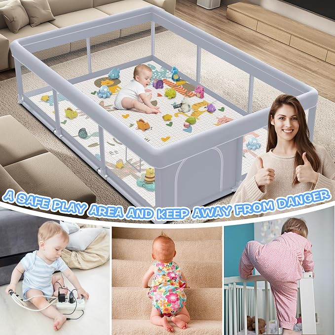 XVISHX Baby Playpen with Mat, 74 x 50 Inch Playpen for Babies and Toddlers, Baby Playard for Indoor & Outdoor Active Center Game Fence, with Skin-Friendly Fabric and Soft Breathable Mesh, Grey