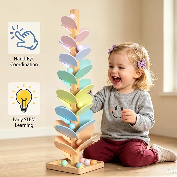Wooden Marble Run Music Tree, Montessori Rainbow Singing Tree with 12 Extra-Large 3cm Balls, Color Sorting STEM Learning Toy, Wooden Ball Run Game Gift for Kids Ages 3+