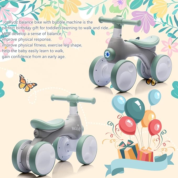 JoyRydz Baby Balance Bike 1 Year Old with Music, Lights, Bubble Machine, 4 Wheels Pedal-Less Toddler Ride on Toys for 12-36 Months Birthday Gift, Toddler boy Toys Ride on car (Green & Gray)