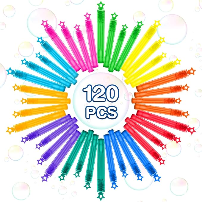 120 Pcs Mini Bubble Wands in 10 Colors, Bulk Party Favors for Kids, Themed Birthday, Christmas, New Year, Valentine, Carnival, School Classroom Prizes for Boys & Girls, Ideal Goodies Bags Stuffers