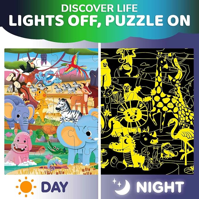 QUOKKA Giant Floor Puzzles for Kids Ages 4-6 – 2x3 Ft Glow in the Dark Jumbo Jigsaw Puzzles for Kids Ages 3-5 – 48 Large Pieces African Animal Safari Scene for 4-8 yo – Toy with Gift Box for Toddlers