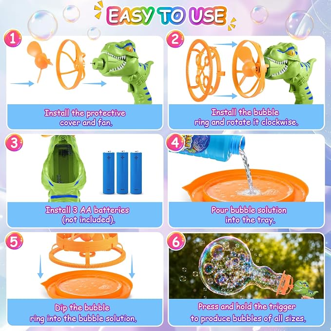 Dinosaur Shaped Bubble Gun for Kids - Blows Over 1000 Bubbles per Minute & Creates Giant Bubbles, Birthday, Christmas & Easter Gift for Boys & Girls Ages 3-9 (Green)