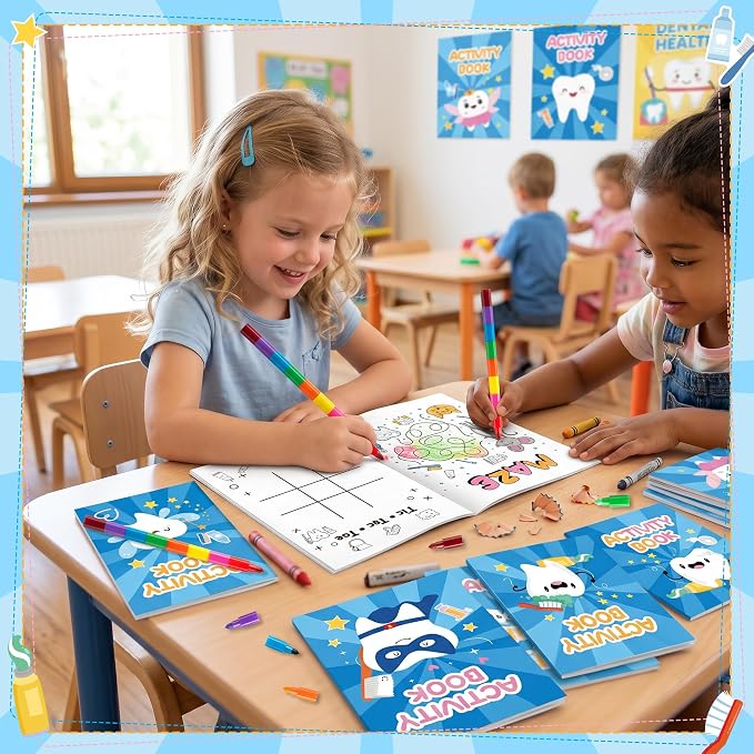 Tooth Activity Books with 24 Stacking Crayons for Kids - 24 Pack Tooth Fairy Mini Game and Coloring Book Set, Bulk Teeth Themed Activity Booklets for Classroom Rewards Party Favors DIY Art Gifts