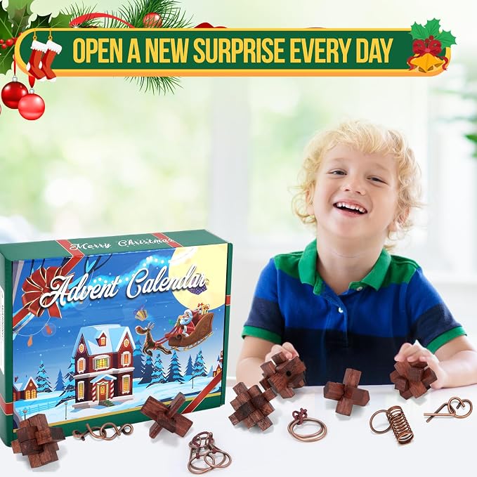 Advent Calendar 2025, Christmas Countdown Calendar Gift Box with 24 Brain Teaser Puzzles, 24 Days Metal & Wood Brain Teaser Puzzles Xmas Countdown Calendar Challenge for Adults Teens Boys Girls