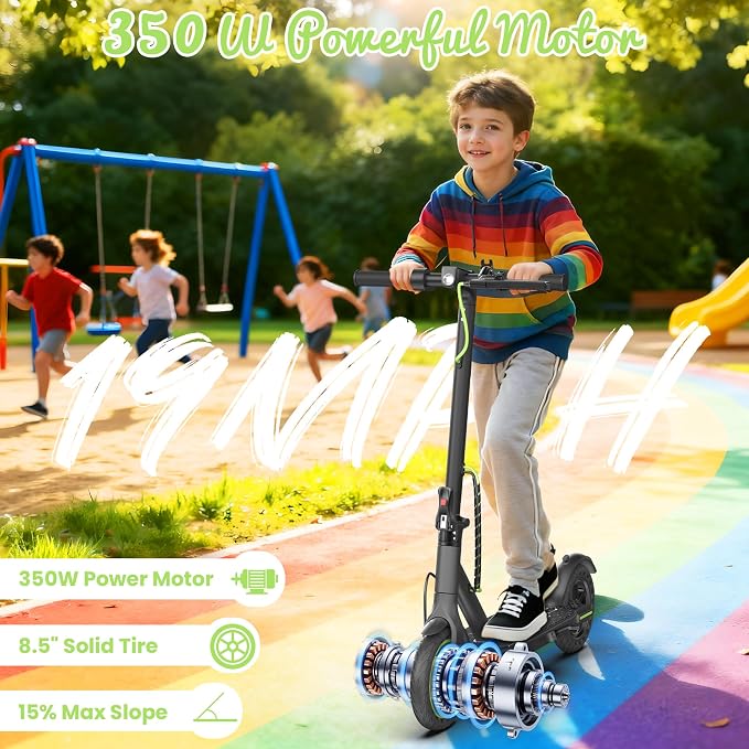 Electric Scooter for Kids Aged 6-10, 350W Motor, 19 Mph Speed & 15 Miles Range, 8.5" Solid Tires, Lightweight Foldable Scooter with Dual Braking System, Max Load 265LBS