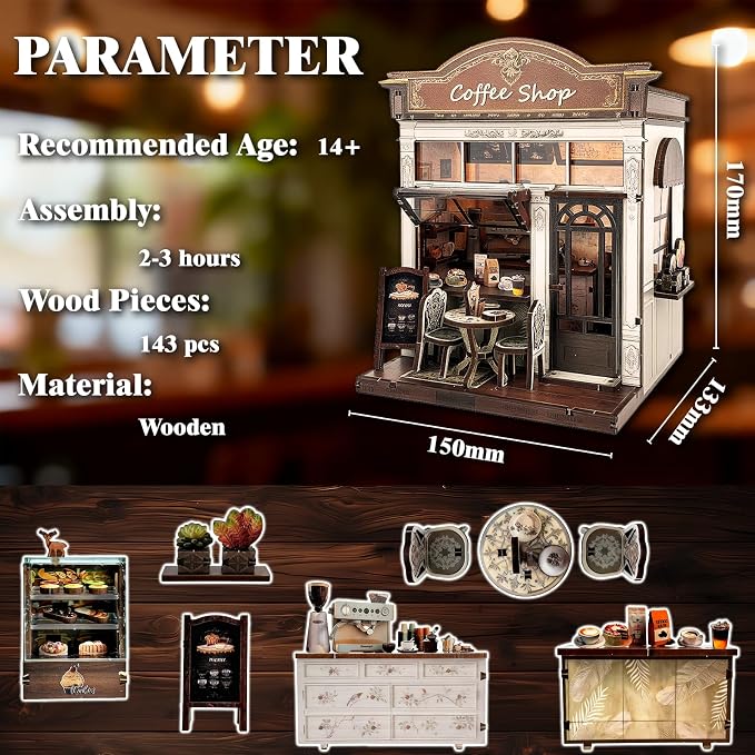 3D Wooden Coffee Shop Book Nook Kit - DIY Miniature Model with LED Lights, 143 Precision-Cut Pieces for Adults & Teens (1:24 Scale, Stress Relief Craft Gift)