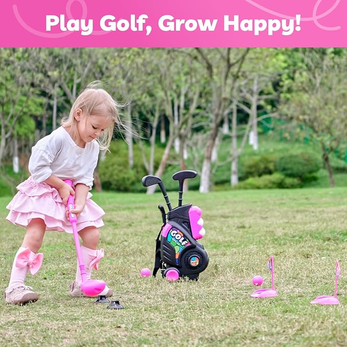 Liberry Toddler Golf Set for Girls Boys 2 3 4 Years Old, Upgraded Kids Golf Cart with Shoulder Strap Design, Outdoor Indoor Sports Toys Birthday Gifts, Black & Pink