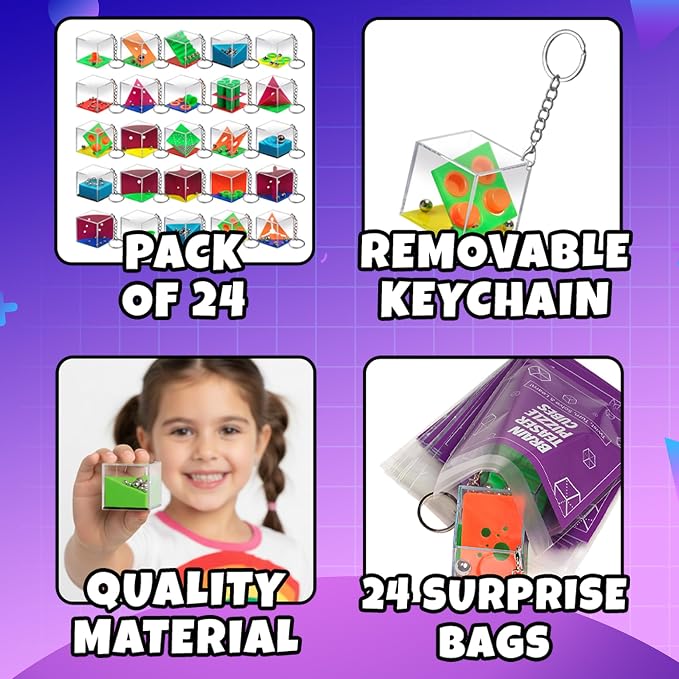 Brain Teaser Puzzle Cubes on Keychain (24 Pack) - Mini Maze Toys for Kids, Unique Party Favors, Goodie Bag Fillers, Treasure Box Classroom Rewards, Bulk Small Toys for Boys & Girls