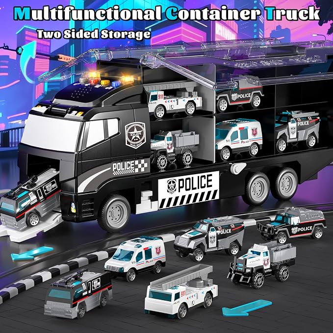 Toddler Boys Police Car Toy Set: Police Truck for Boy 3 4 5 6 Years Old | with Play Mat and Die-Cast Toy Car | Birthday Gifts Toys for 3-8 Year Old Boys | Girl Toys with Light and Sound