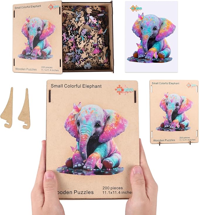MEATRN Wooden Jigsaw Puzzle - Colorful Baby Elephant with Butterflies, 199 Pcs, 11.1x11.4 in, Animal Puzzles for Adults & Kids, Educational Brain Teaser Gift and Home Art Décor