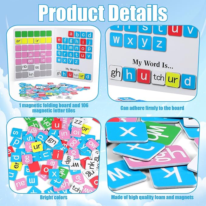 Ireer 1 Set Phonics Magnetic Letter Tiles Set Spelling Reading Games Board Manipulative Phonemic Awareness Sentence Building Alphabet ABC Fridge Magnets Homeschool Classroom Learning Activity
