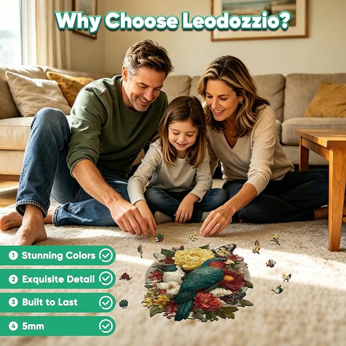 Leodozzio Wooden Puzzles for Adults, Nature Birds Wood Jigsaw Puzzle 200 Pieces, 5mm Thick Unique Shaped Bird Flower Puzzle, Gift for Adults & Family, 9.1 x 11.8 Inch