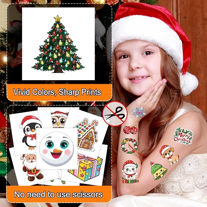 JCFIRE Christmas Temporary Tattoos for Kids Stocking Stuffers, Waterproof Tattoo Stickers Christmas Party Favors, Stocking Stuffers for Kids Toddlers Teens Boys Girls, Goodie Bag Stuffers