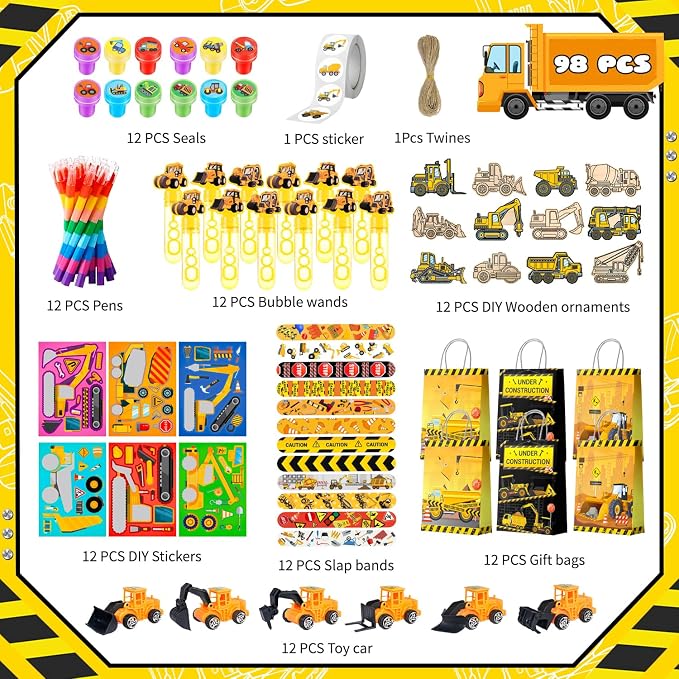 Construction Vehicle Favors, 98pcs Construction Truck Party Favors Set Includes Construction Vehicle toys Bubble Wands Stickers Stampers etc Construction Party Favor for Excavator Birthday Decorations