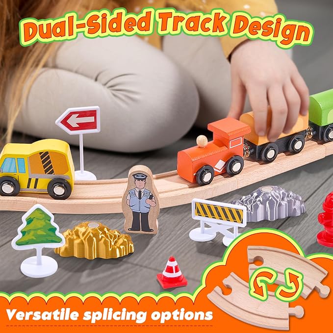 Wooden Train Set 102-Piece for Toddlers Kids Ages 3-8, Double-Sided Expandable Train Track with Puzzles & Magnetic Crane Toys, STEM Railway Playset Gifts Compatible with Major Brands for Boys Girls