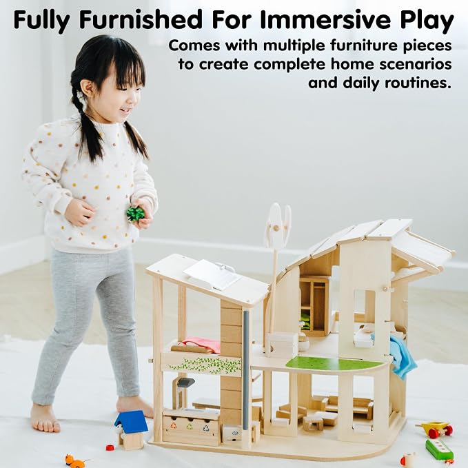 PlanToys® Green Wooden Dollhouse with Furniture | Eco Friendly Doll House with Solar Panel, Wind Turbine & Recycling System | Pretend Play Dollhouse for Sustainable Living Role Play