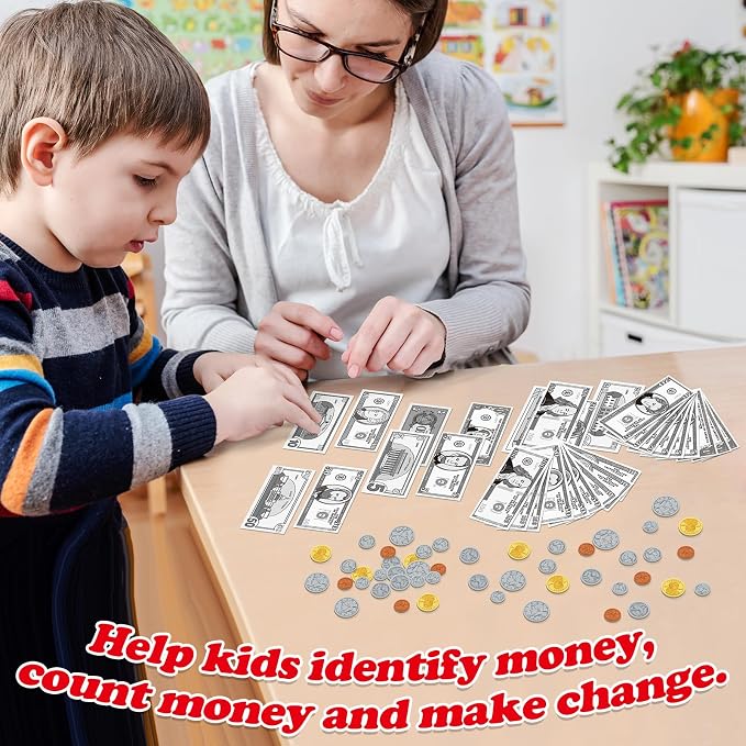 Kasfalci 140 PCS Money for Kids for Learning, Math Manipulatives, Learning & Education Toys for Classroom, Pretend Play, Math Games for Toddler, Teacher and Homeschool Supplies
