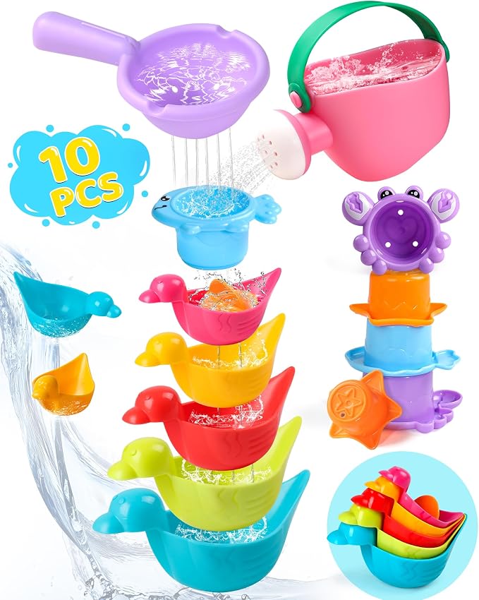 Toddler Bath Toys for Kids Ages 1-3 10 PCS Baby Bath Toys Mold Free with Multi Color & Shape Stacking Cups Bathtub Sand Pool Water Toys for 1 2 3 4 5 6 Birthday Gifts