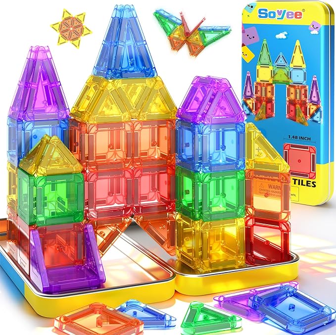 Soyee Mini Magnetic Tiles Travel Toddler Toys with Metal Tin Portable STEM Building Kids Toys for 3 4 5 6 7 8+ Years Old Boys & Girls & Birthday Gifts