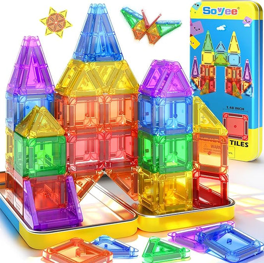 Soyee Mini Magnetic Tiles Travel Toddler Toys with Metal Tin Portable STEM Building Kids Toys for 3 4 5 6 7 8+ Years Old Boys & Girls & Birthday Gifts