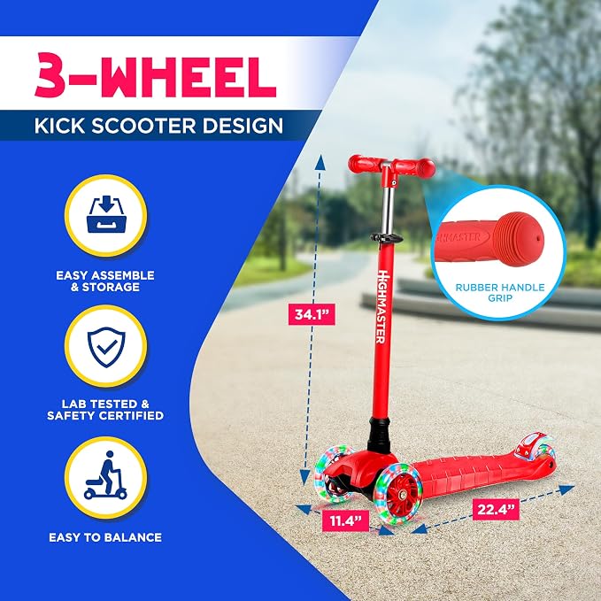 HighMaster Kids Scooter – 3 Wheel Kick Scooter for Children and Toddlers – Adjustable Handlebar with LED Wheel Lights – Indoor and Outdoor Fun