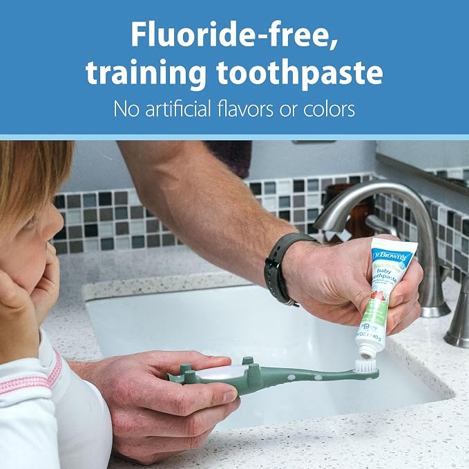 Dr. Brown’s Infant-to-Toddler Training Toothbrush Set, Mint Elephant with Fluoride-Free Strawberry Baby Toothpaste, 0-3 years