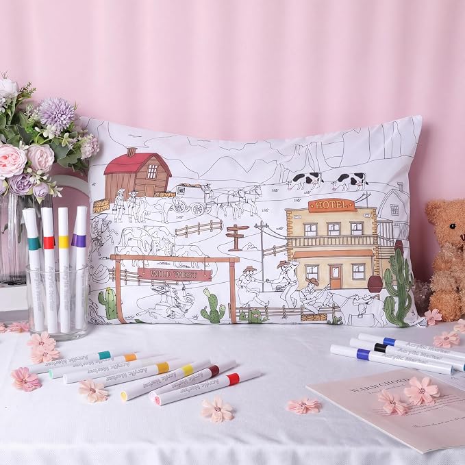 Mindsoft Coloring Pillowcase with 12 Pcs Markers Color Your Own Pillowcase Kit for Coloring Craft Decoration Supplies, 28.7 x 19.7 Inch(West Cowboy)