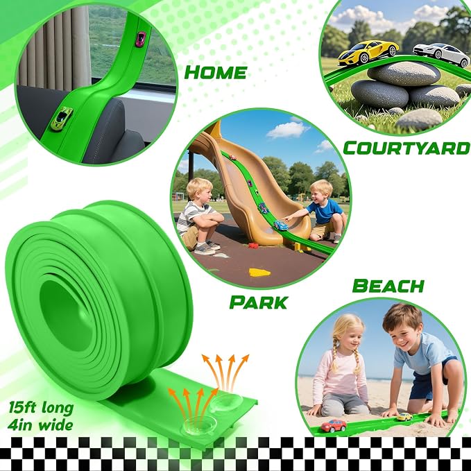 Flexible Race Car Track 15 Ft Starter Set with Suction Cups Compatible with and Diecast 1/64th Car for Ages 3 & Up Classic Green Double Track Long Rolls Up Portable Racetrack Birthday Gifts
