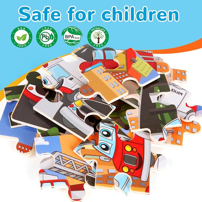 Wooden Puzzles Toys for Kids Ages 3-5, Set of 4 Packs Dinosaur, Space, Transportation Wood Toddler Puzzles, Preschool Brain Teaser Toys for Boys and Girls 3 4 5 6 Years Old