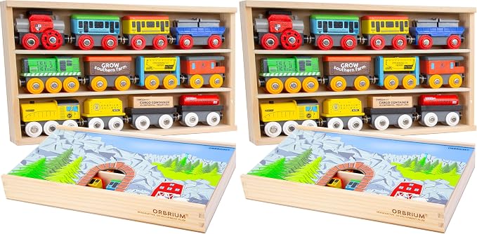 Wooden Train Set 12 PCS Magnetic Toy Train Cars with Storage Box Cover Tunnel Compatible with Thomas Brio Melissa and Doug Wooden Railway Toys for Grandkids Kids Toddlers Boys Girls (Pack of 2)