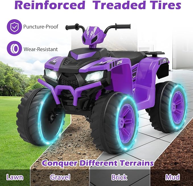 Costzon Kids ATV, 24V Four Wheeler Quad Ride on Car w/Forward/Backward, 2 Speeds, Wireless Connection, Music, Radio, LED Lights, Electric Vehicle Toddler 4 Wheeler for Kids, Boys & Girls 3-8 (Purple)