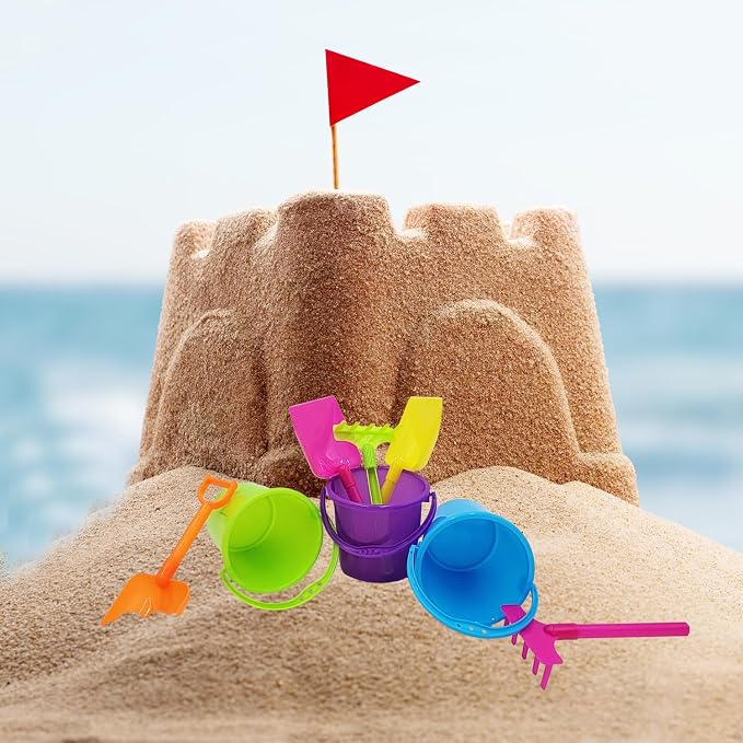 The Dreidel Company 12 Mini Beach Playsets, Play Set Includes 1 Sand Bucket, 1 Shovel, 1 Rake, and 1 Scoop, Birthday Treats for Boys and Girls, Party Favors for Kids and Toddlers (12-Pack)