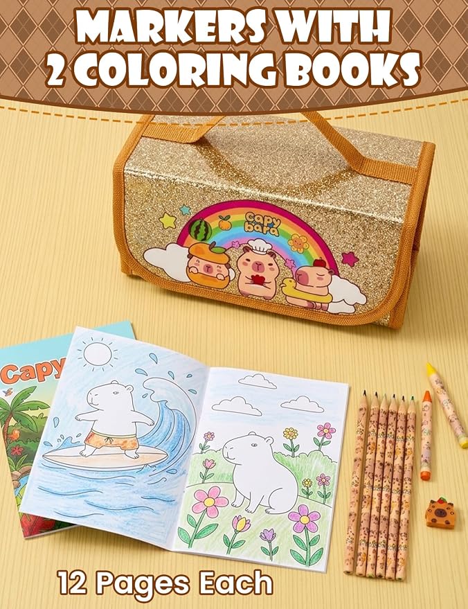 Defresit 129 PCS Washable Markers Set- Capybara Gifts for Girls, Art Supplies for Kids with Glitter Pencil Case, Coloring Kits for Kids, Ideal Gifts for Birthday Christmas Back to School