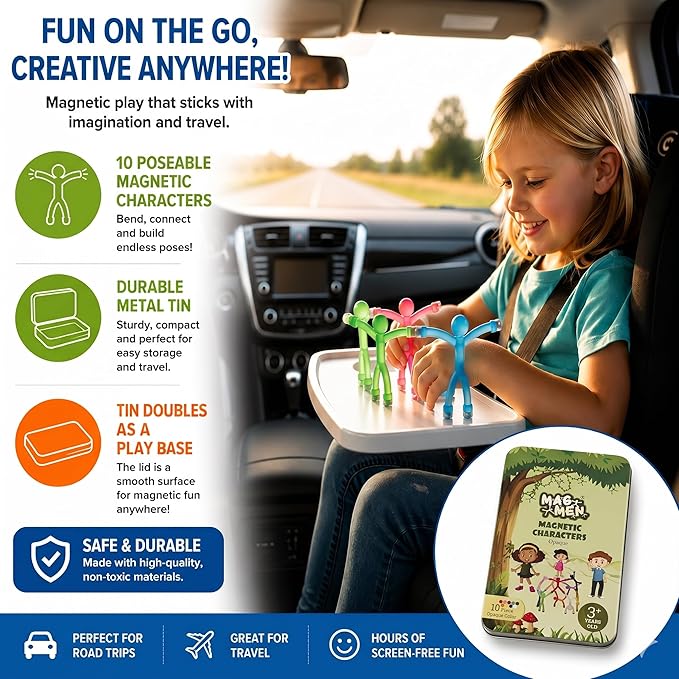 MAGMEN Airplane & Road Trip Toy 10-Pack Opaque Colors - Quiet Travel Activities for Kids - Sensory Magnetic Fidget Toys for Car, Airplane, & Restaurants - STEM Building Figures8 | Screen-Free Fun