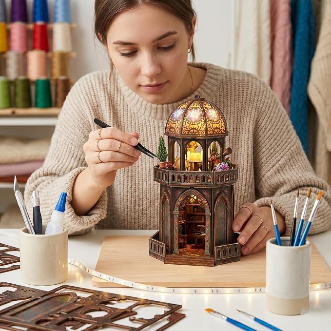 TOYQI Mini House Kit, DIY Miniature Dollhouse Book Nook Kits for Adult | 3D Wooden Puzzle Booknook with LED Light, Diorama Building Home Decor Gifts for Family Lovers