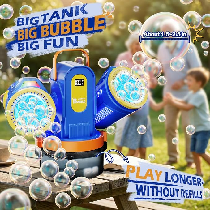 Dual-Engine Bubble Machine with Auto Rotation & RGB Lights & Remote Control,1800mA Type-C Rechargeable,700mL Tank,Bubble Maker for Kids, Party, Wedding, Backyard Outdoor Toy