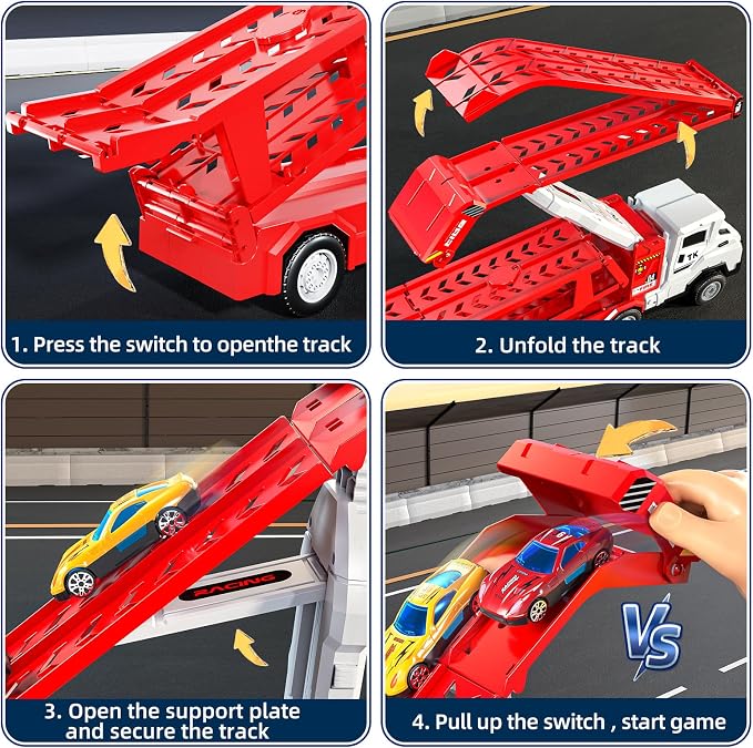 Transport Truck Toys for 3 4 5 6 7 Years Old Boys,Toys Cars Track Set Transporter Trucks with 12 Die-Cast Car Toys 2 Race catapults Dual-Track Model,Toddler Car Toy Set for Kids Boys Girls