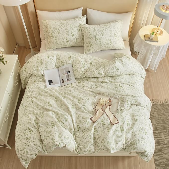 Garden Style Green Floral Comforter Set Full Size White Soft Fluffy Microfiber Comforter Chic Floral Printed Bedding Set Vintage Flowers Leaves Botanical Comforter Set All Seasons Full Comforter Set