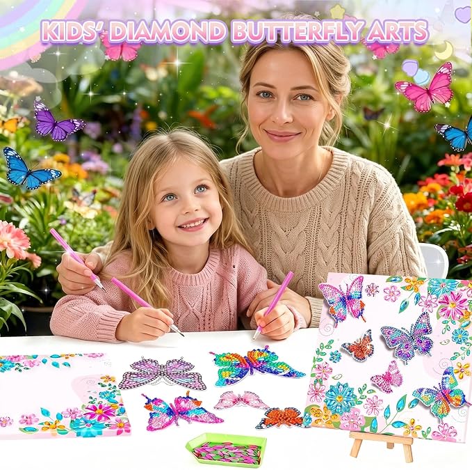 LCOZX 3D Fluttering Butterfly Diamond Art Kit for Kids Ages 8-12–Sparkling Gem Painting with Wooden Stand, Easy Arts & Crafts for Girls & Boys, Unique Birthday Gift & Bedroom Decor