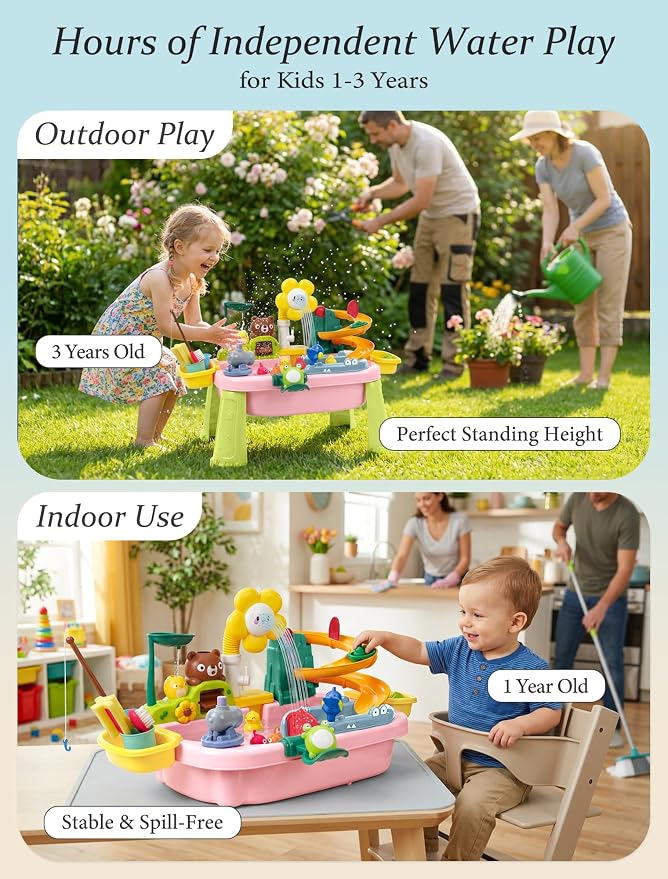 Water Table for Toddlers 1-3 with Pump: Summer Sensory Play Sink, Kitchen Fishing Playset with Running Water, Indoor Outdoor Montessori Water Toy Gift for Kids, BPA-Free, Non-Toxic